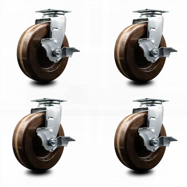 6 Inch High Temp Phenolic Swivel Caster Set with Roller Bearings and Brakes SCC